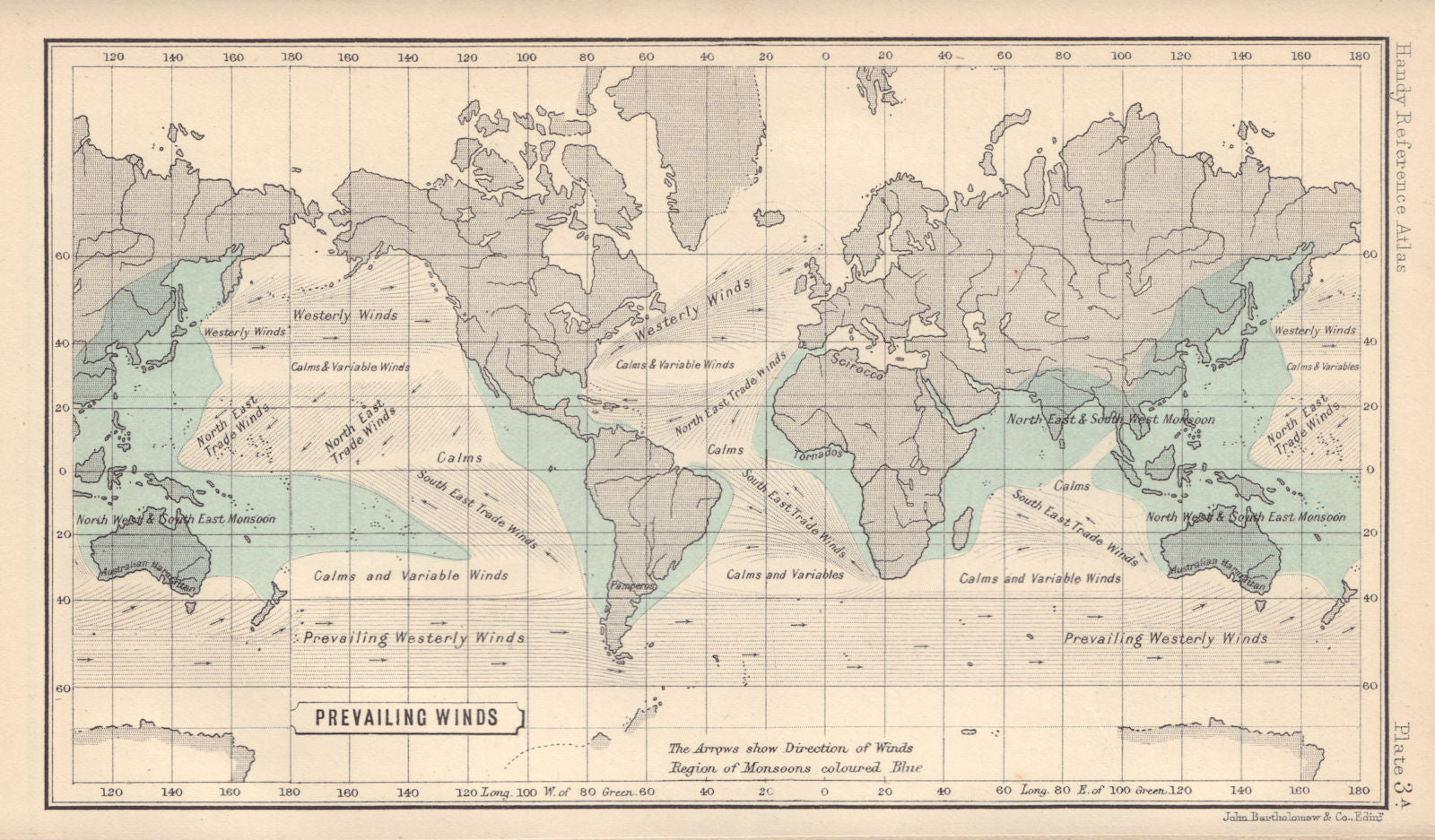 World Prevailing Winds. BARTHOLOMEW 1898 old antique vintage map plan chart